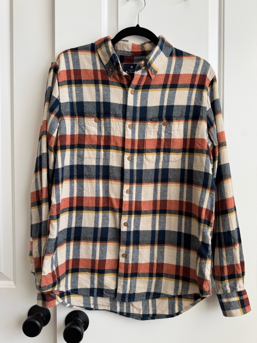 Ben Sherman Mens Large Flannel Shirt Orange Navy Plaid Cotton Button Down Mod L